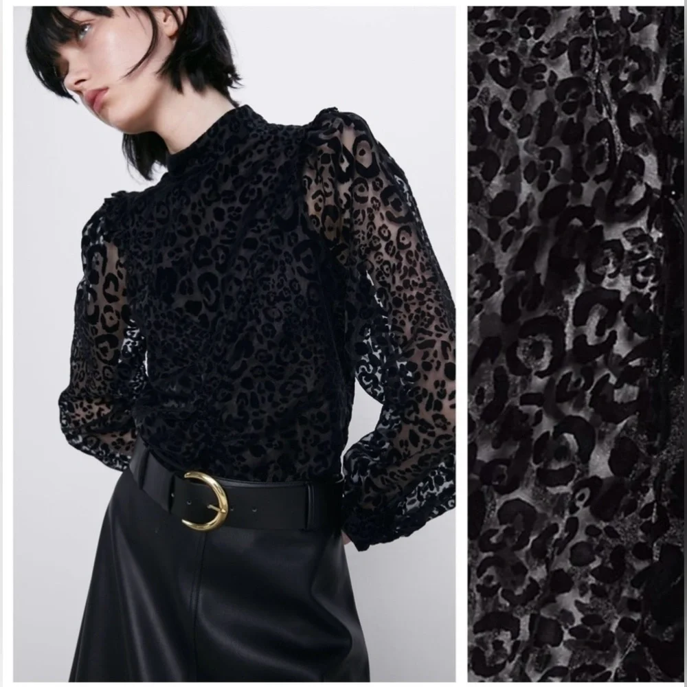 Zara Black Semi-Sheer Animal Print Velvet Party Evening Formal Wedding Top